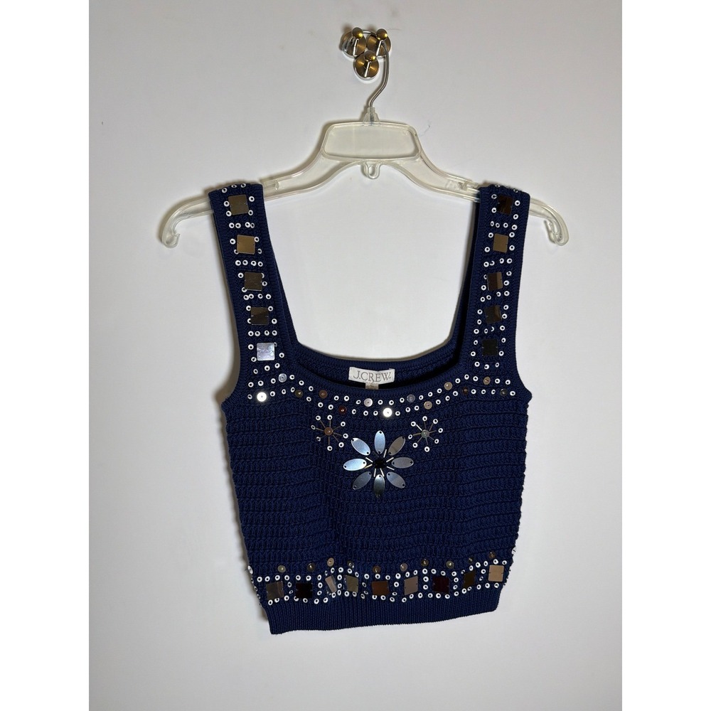 J.Crew Crochet‎ Embellished Tank Top Navy Blue Cotton Mirror Sequin XS NEW